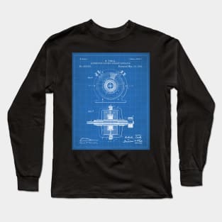 Tesla Generator Patent - Electrician Maker Workshop Art - Blueprint Long Sleeve T-Shirt